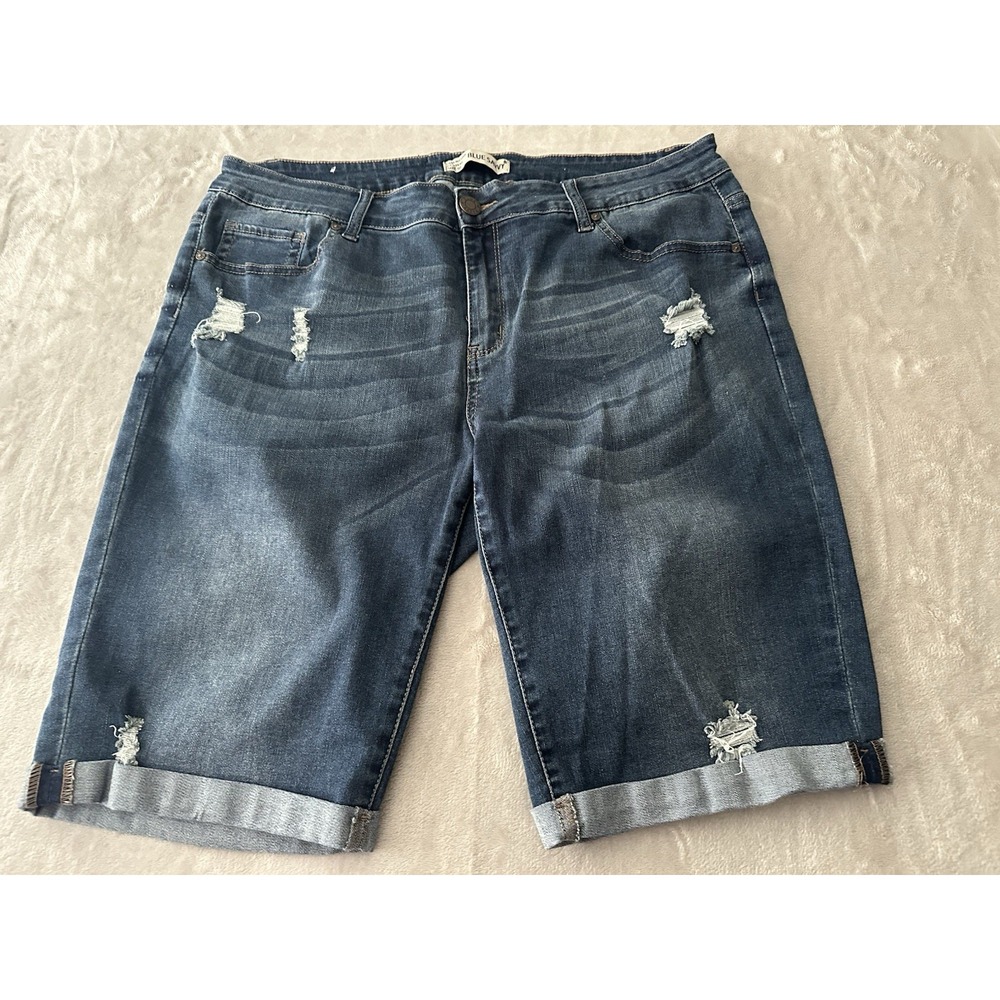 Blue Savvy Bermuda Shorts Womens 18 Blue Denim Distressed Casual